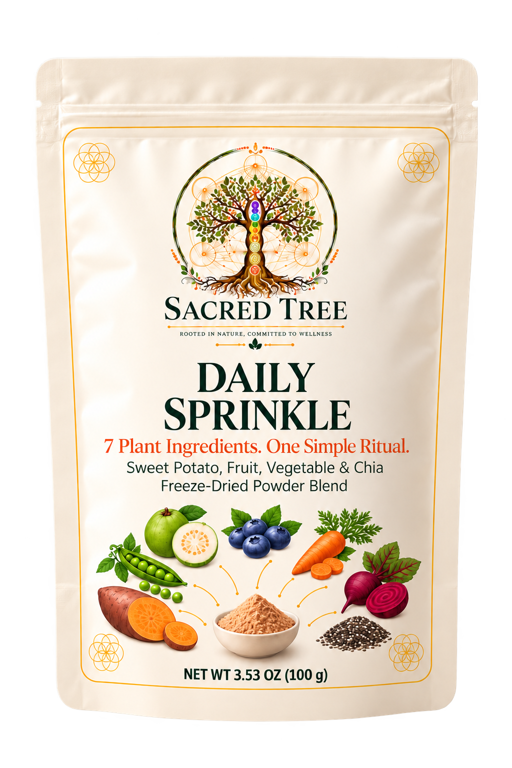 Sacred Tree Living Nutrition Daily Sprinkle includes Fruits, Vegetables, Chia - 100g / 3.5 oz